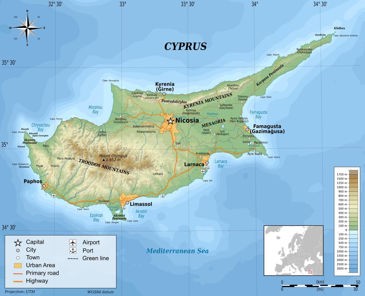 Χάρτης της Κύπρου φυσική