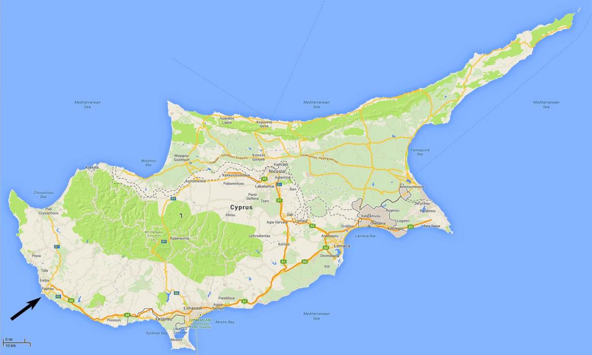 χάρτης της Κύπρου δείχνει αεροδρόμια